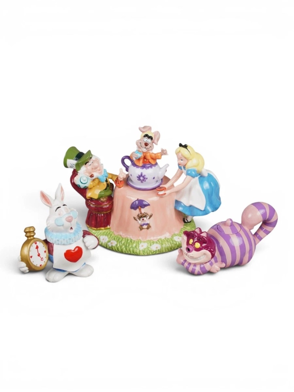 VTG Disney Alice In Wonderland Mad Tea Party Teapot White Rabbit & Cheshire Cat